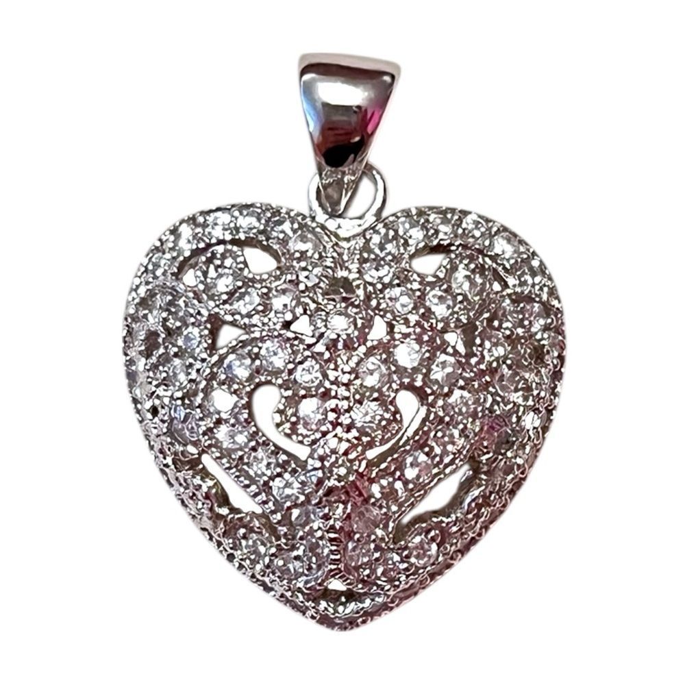 Elegant Sterling Silver Filigree Cubic Zirconia Heart Pendant